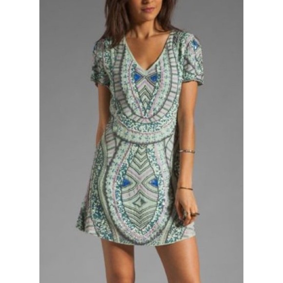 Antik Batik Dresses & Skirts - Antik Batik Mint Green Beaded Sequin Mini Dress V-Neck Boho Short Sleeve